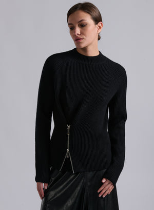 Lambswool knit w zip, Black
