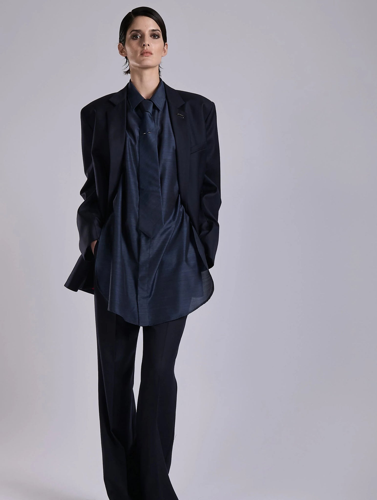 Navy wool & cashmere twill straight jacket