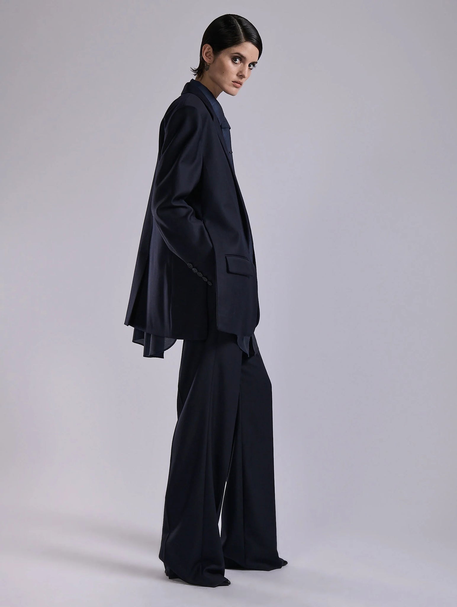 Navy wool & cashmere twill straight jacket