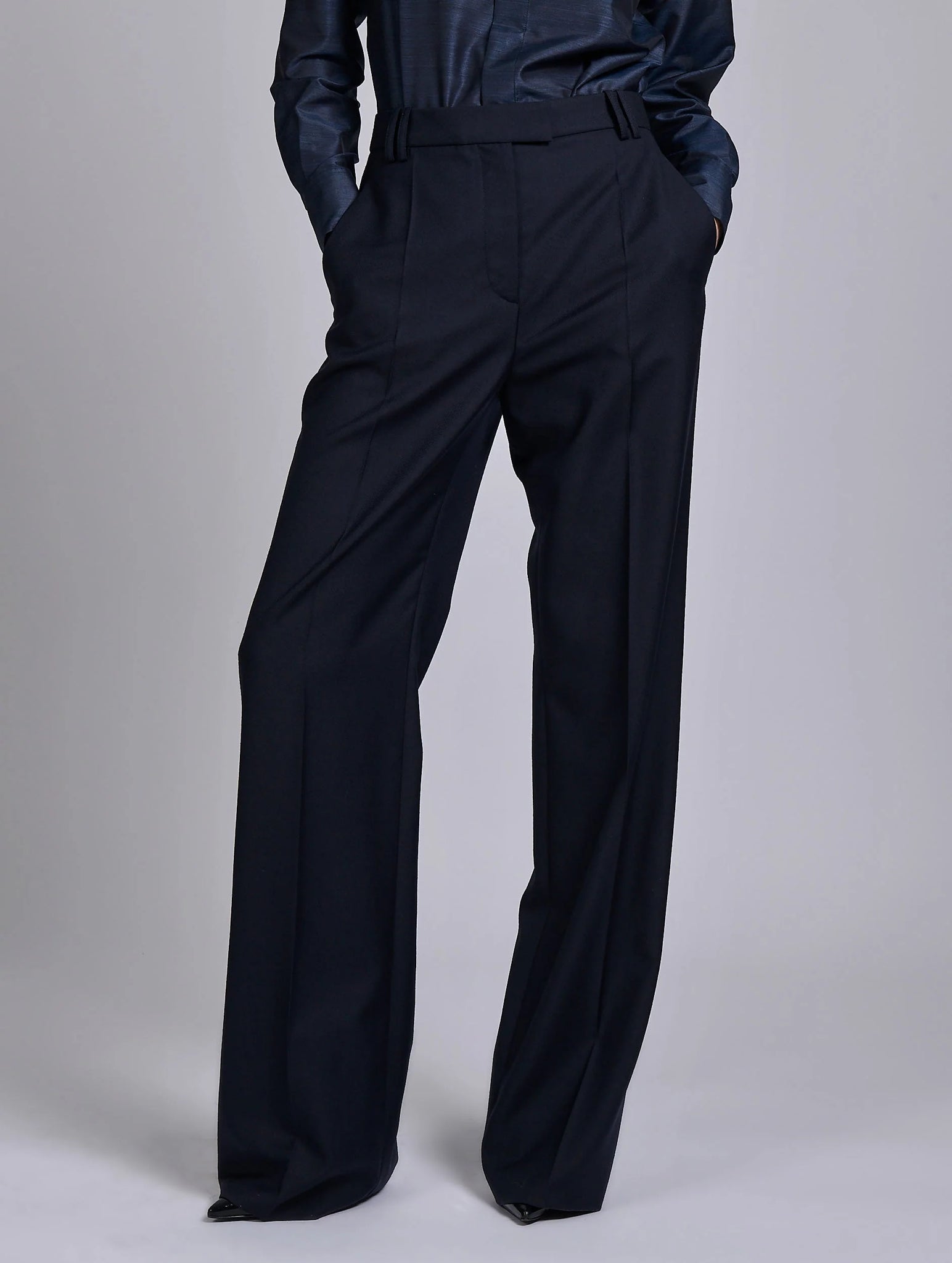Navy wide leg wool & cashmere twill trousers