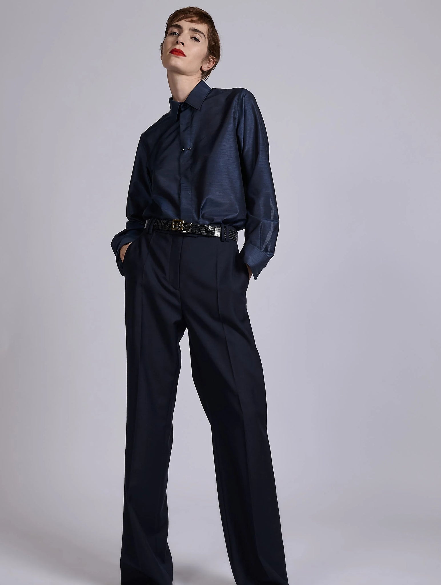 Navy wide leg wool & cashmere twill trousers