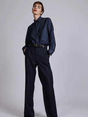 Navy wide leg wool & cashmere twill trousers