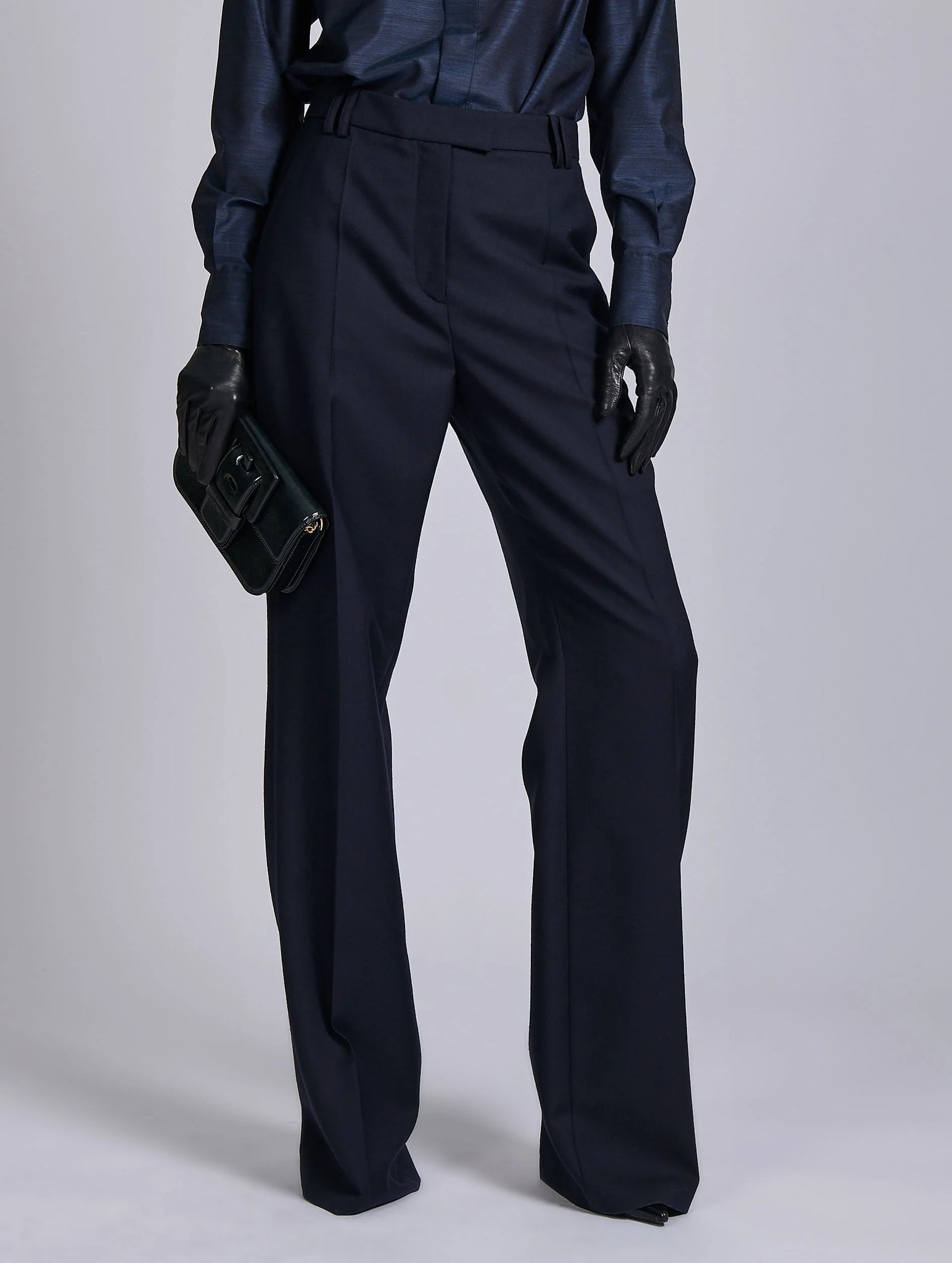 Navy wide leg wool & cashmere twill trousers