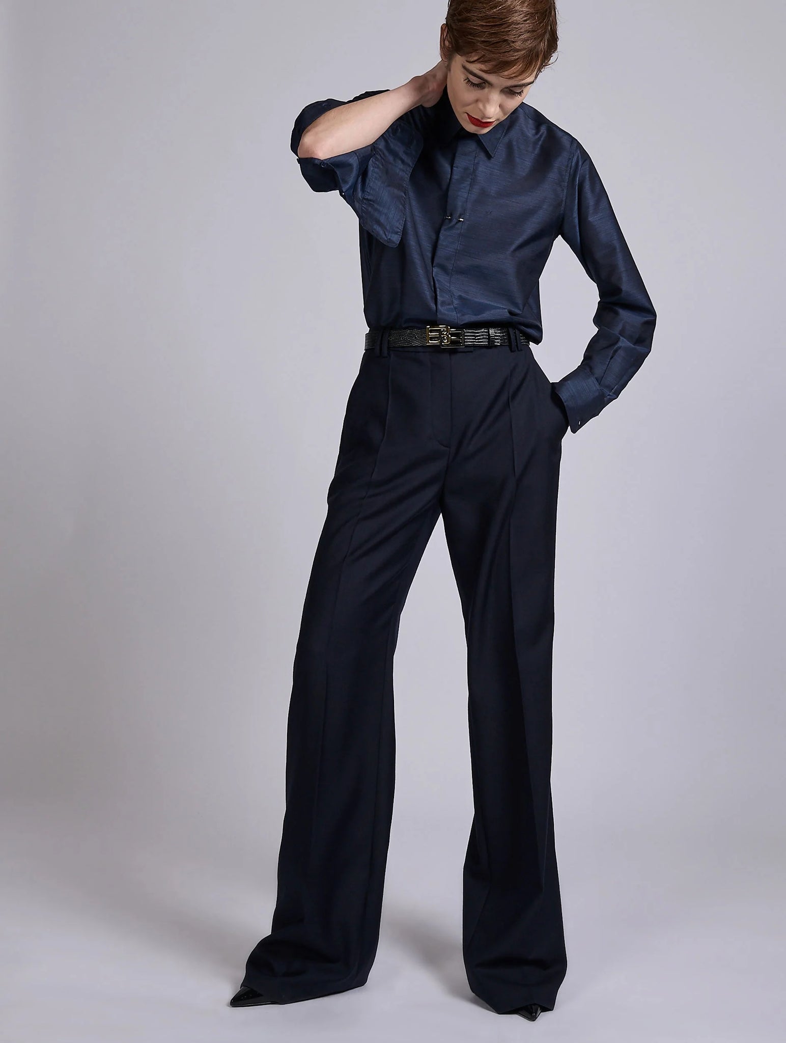 Navy wide leg wool & cashmere twill trousers