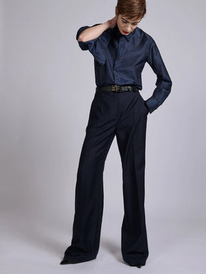 Navy wide leg wool & cashmere twill trousers