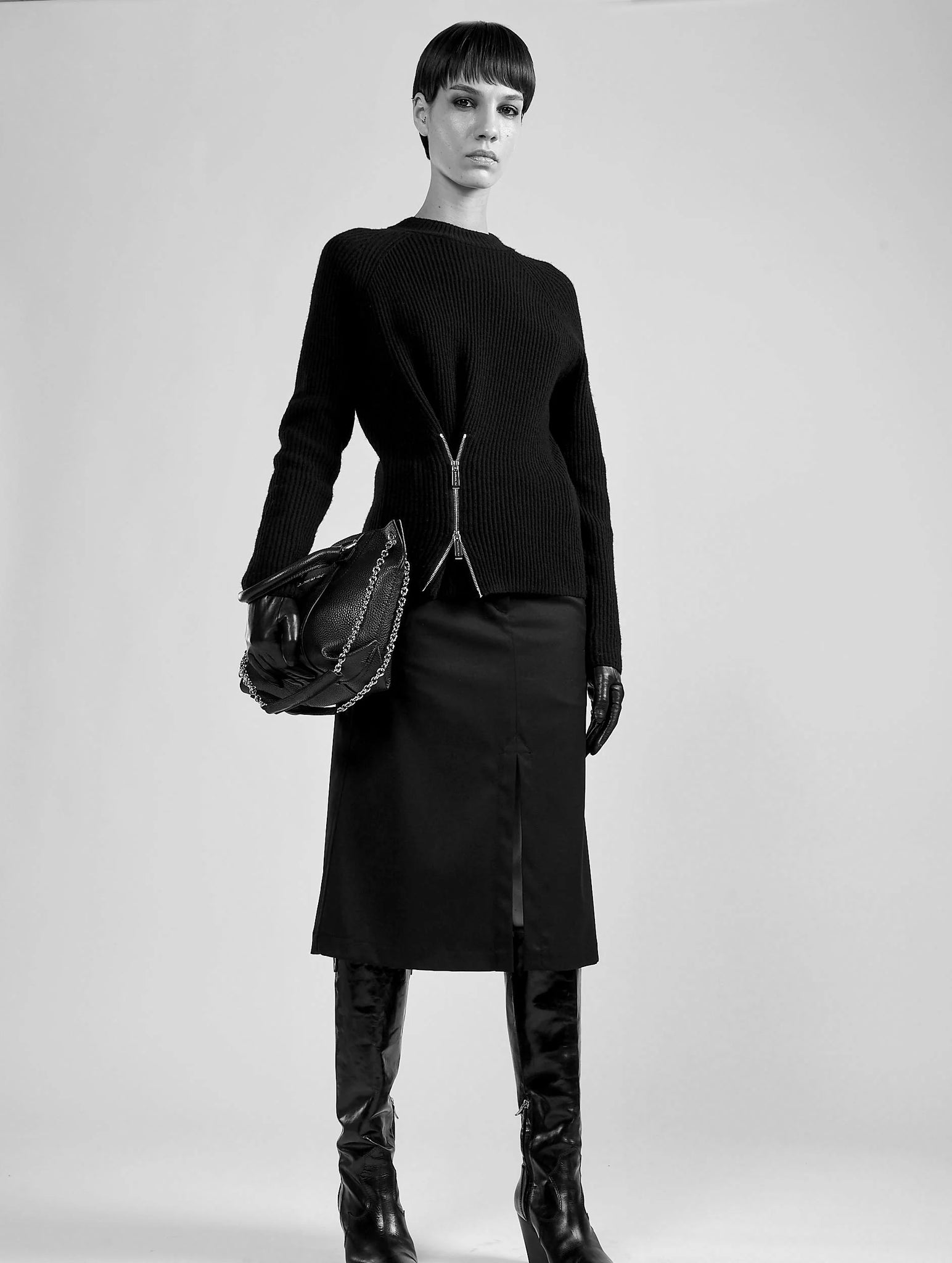 Lambswool knit w zip, Black
