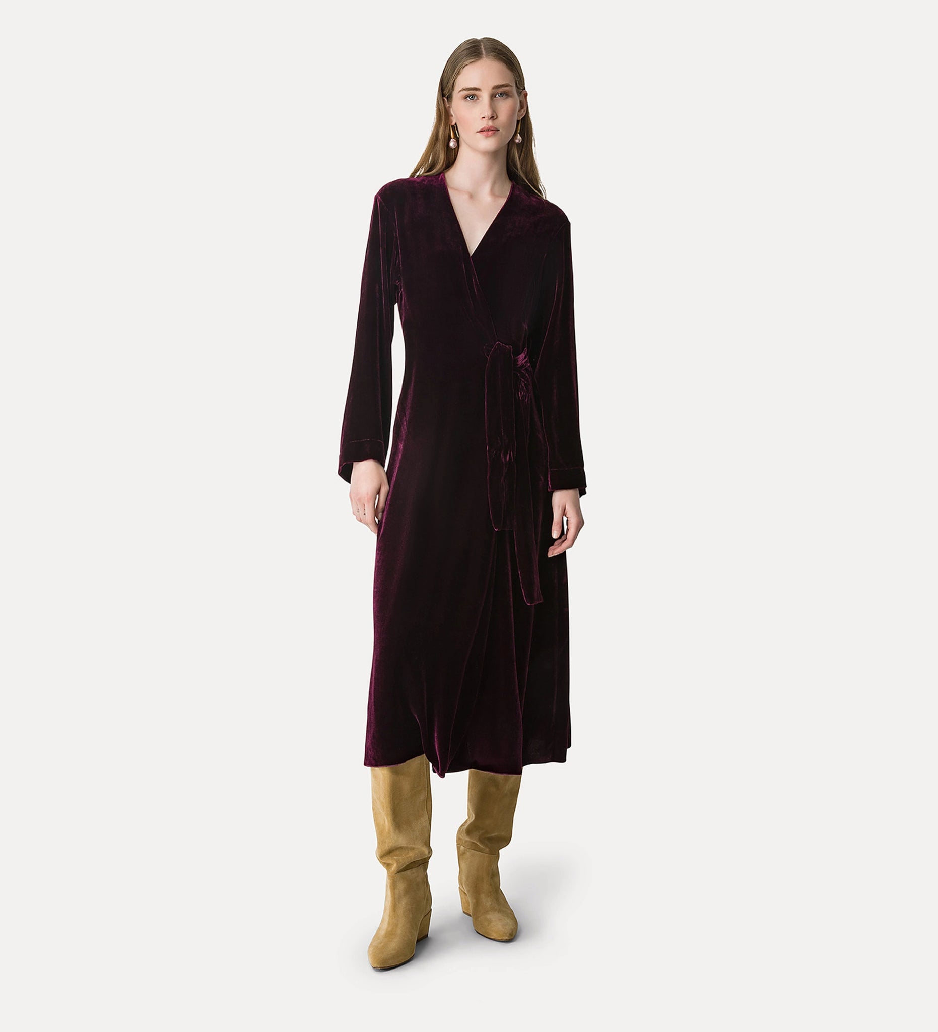 midi wrap dress in velvet, black