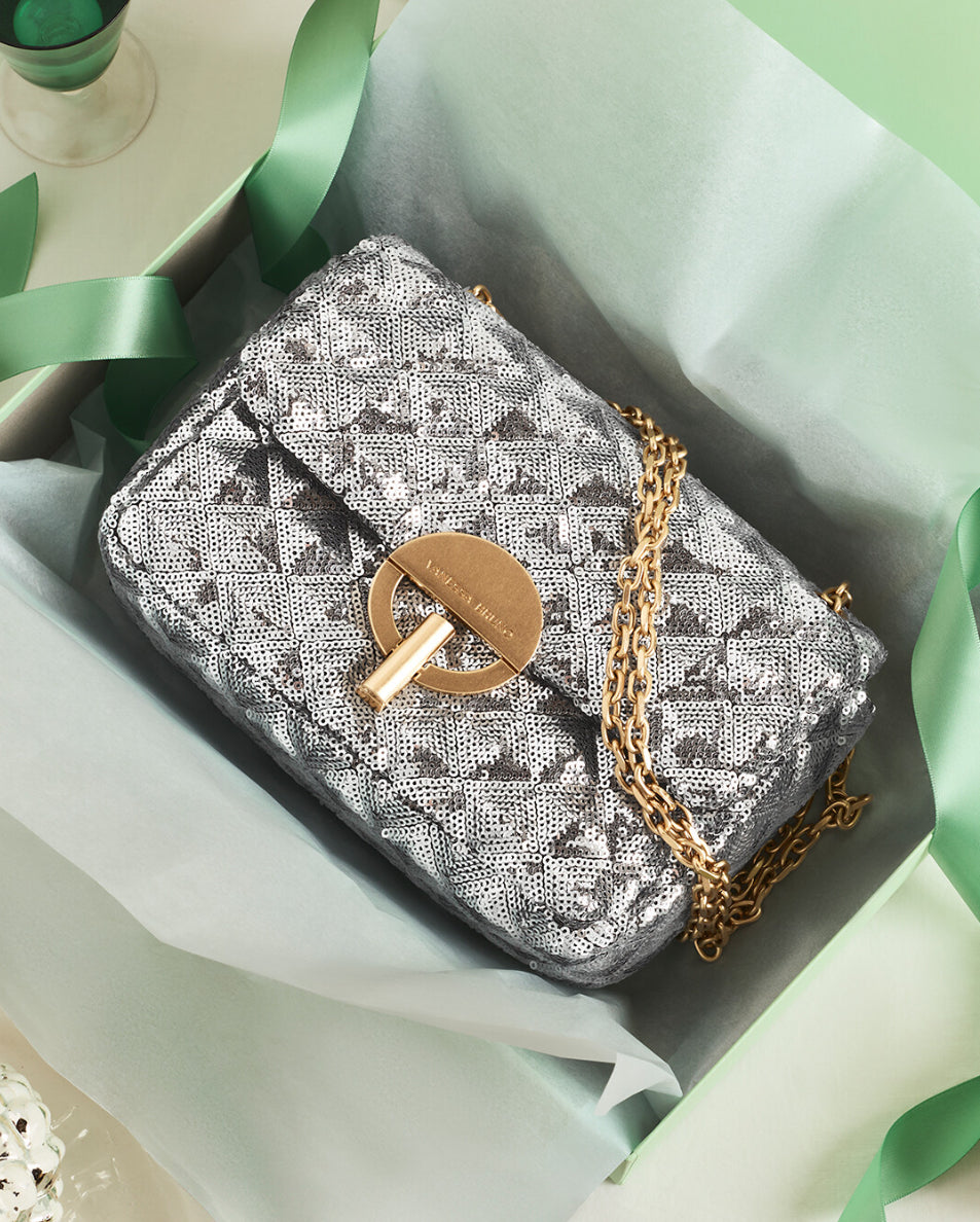 Medium Moon Sequined Bag, Silver