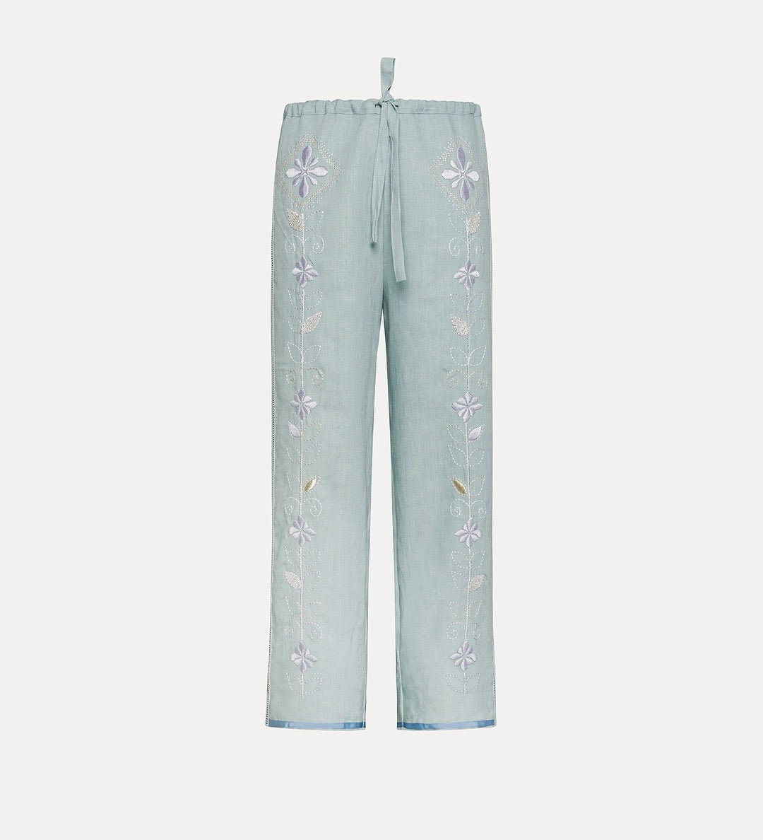 blossom embroidery linen drawstring pants, aqua