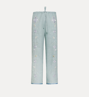 blossom embroidery linen drawstring pants, aqua