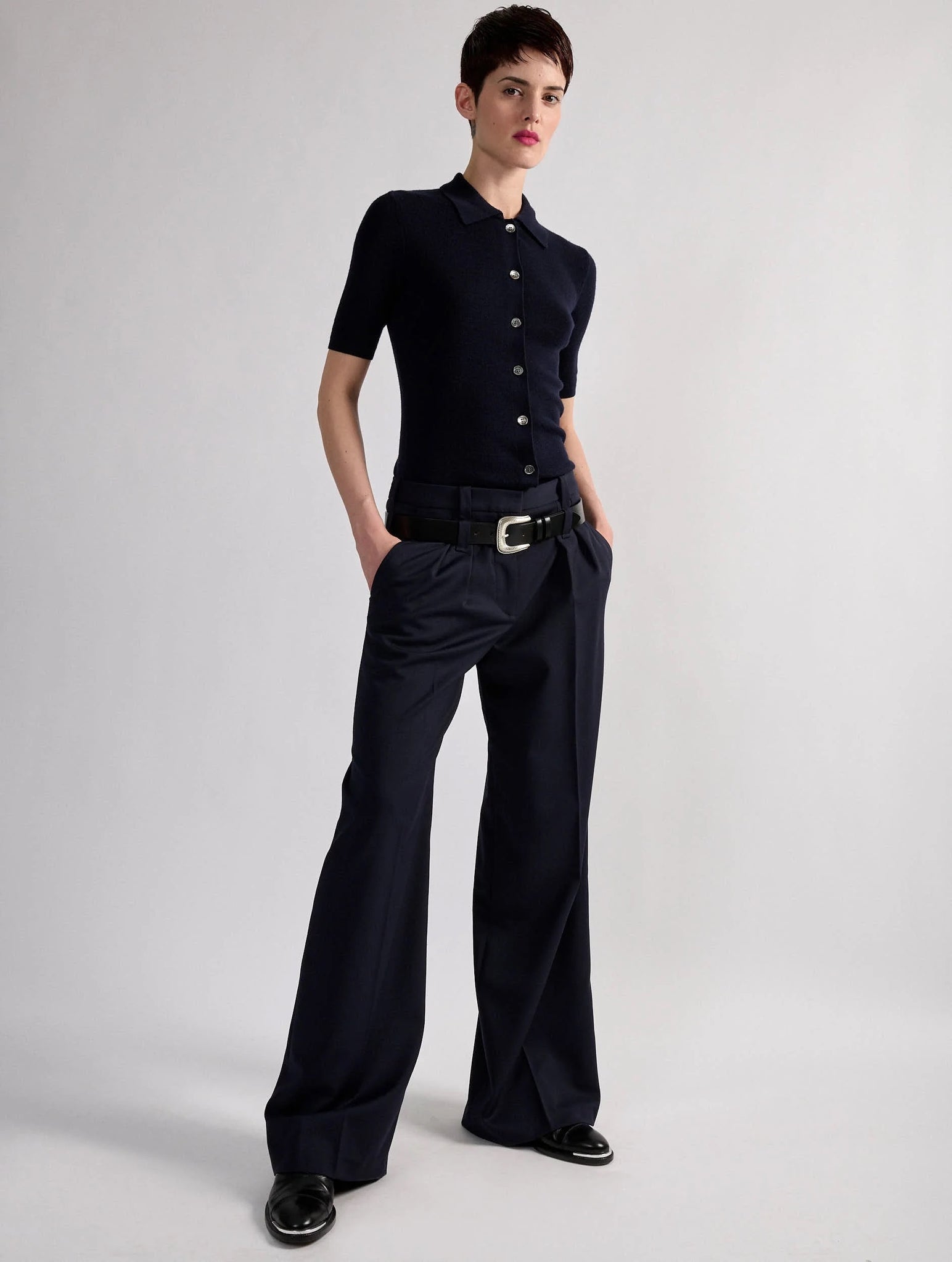 Wool & silk button top, Midnight