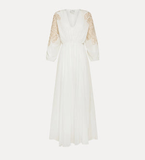 voile dress with inlay detail, white