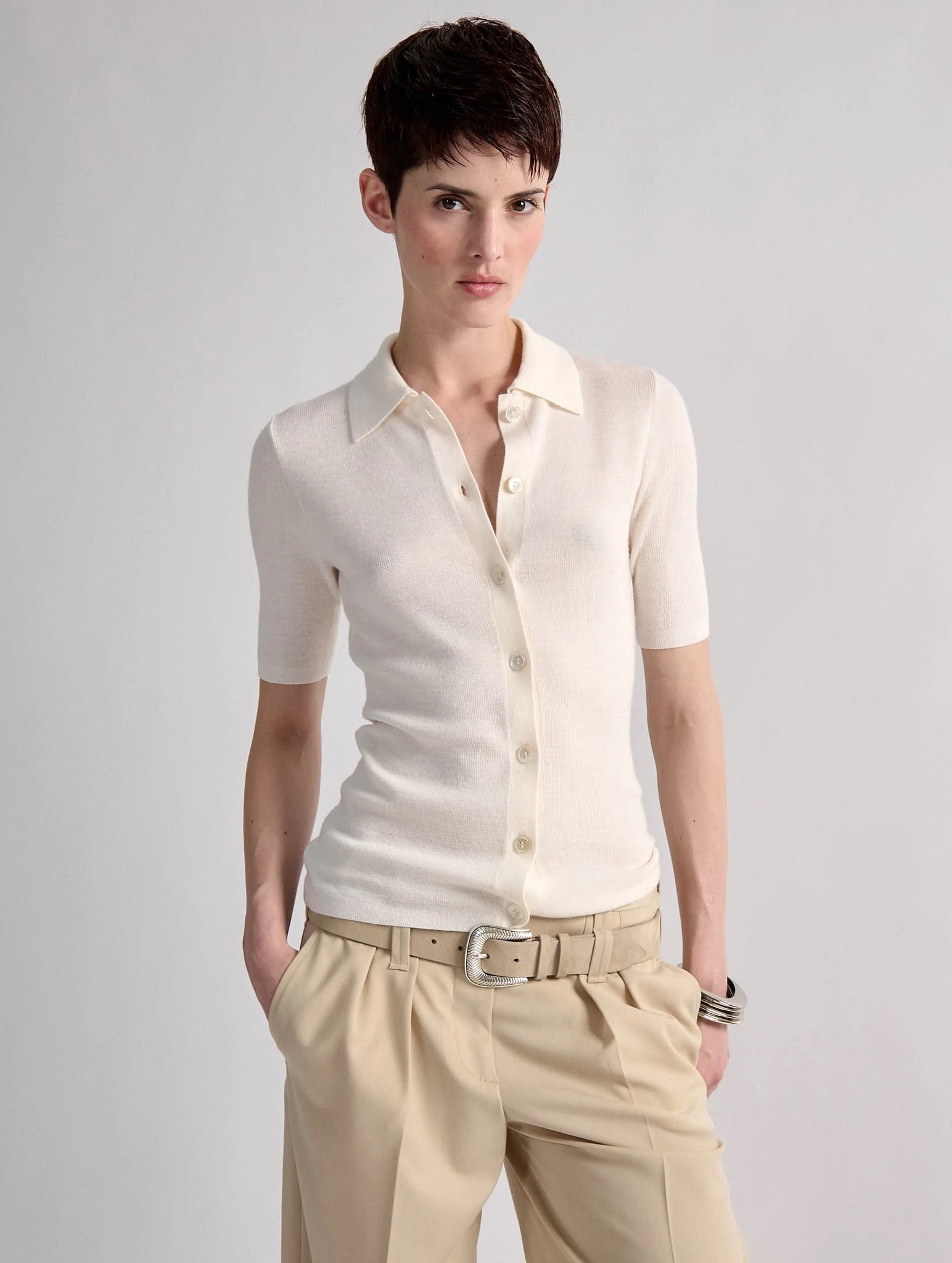 Wool & silk button top, Ecru