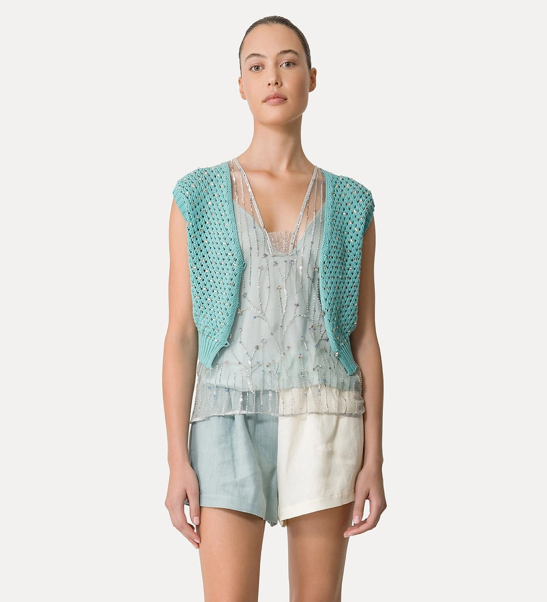 cotton vest, crystal embellishment
