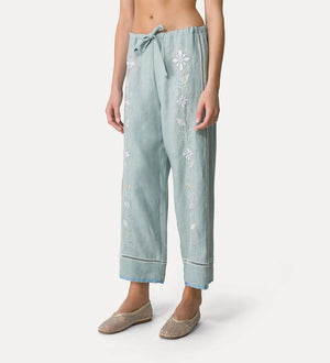 blossom embroidery linen drawstring pants, aqua