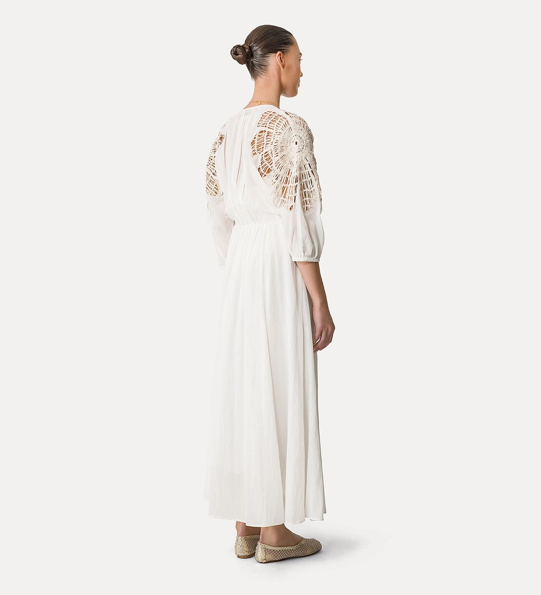 voile dress with inlay detail, white