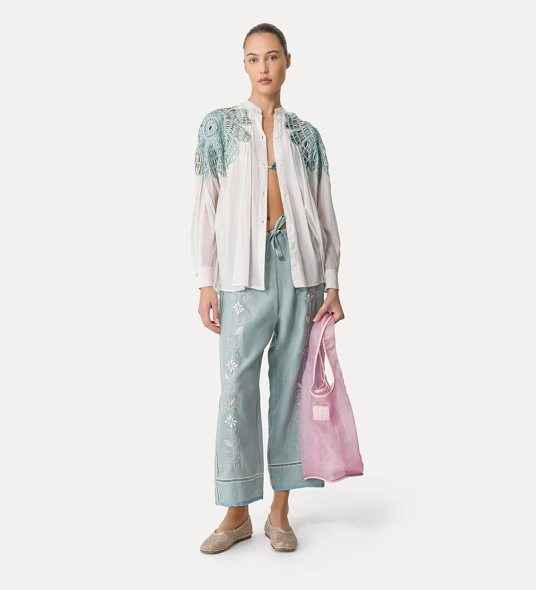 blossom embroidery linen drawstring pants, aqua