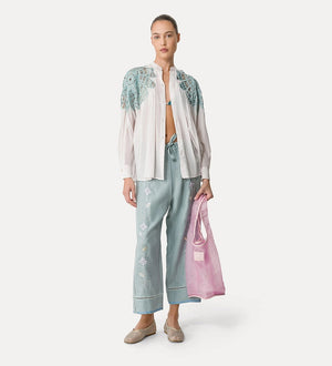 blossom embroidery linen drawstring pants, aqua
