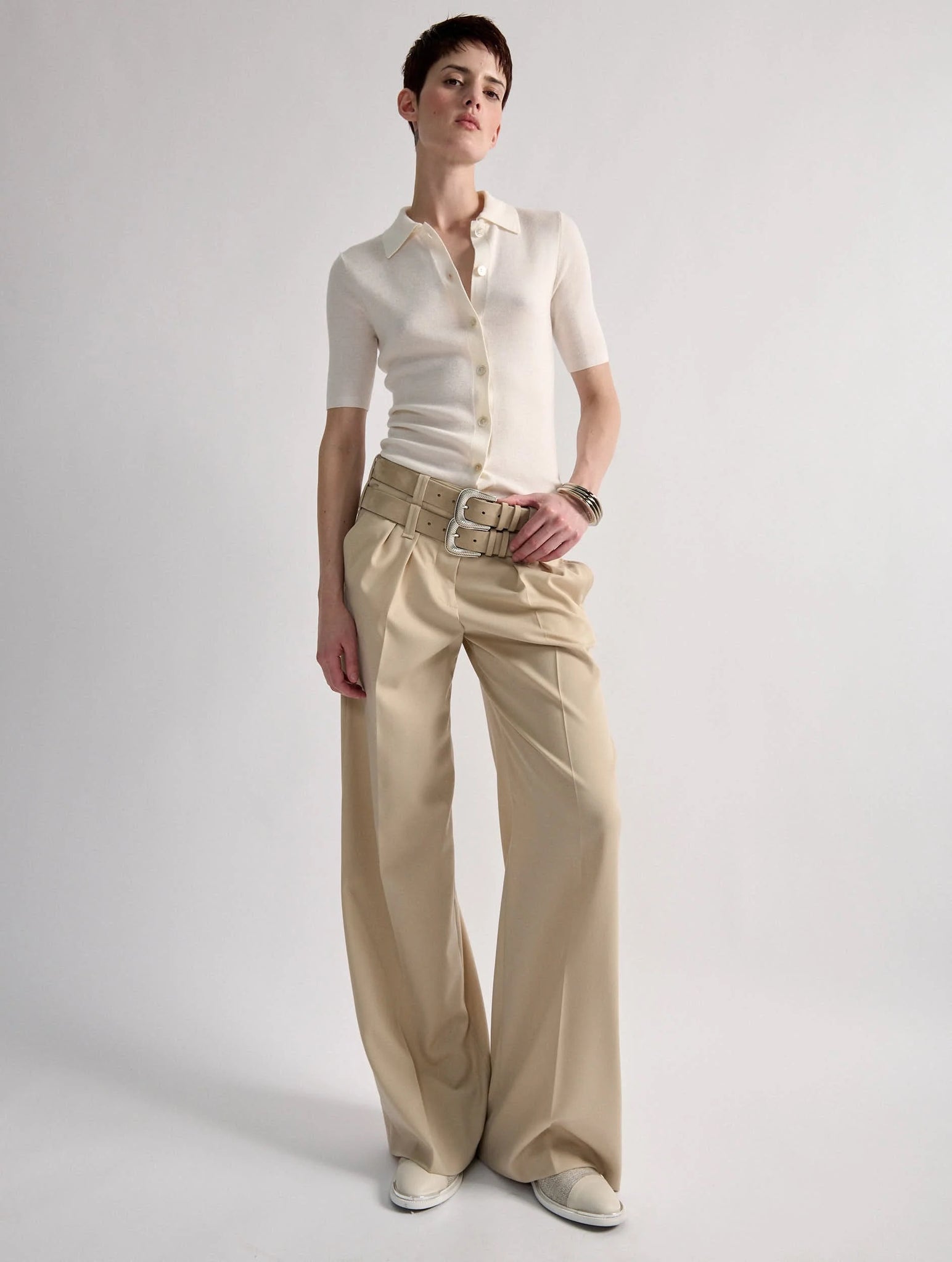 Wool & silk button top, Ecru