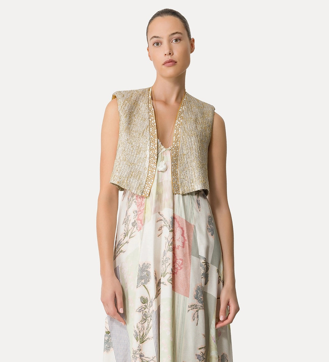 lurex jacquard vest w strass, gold