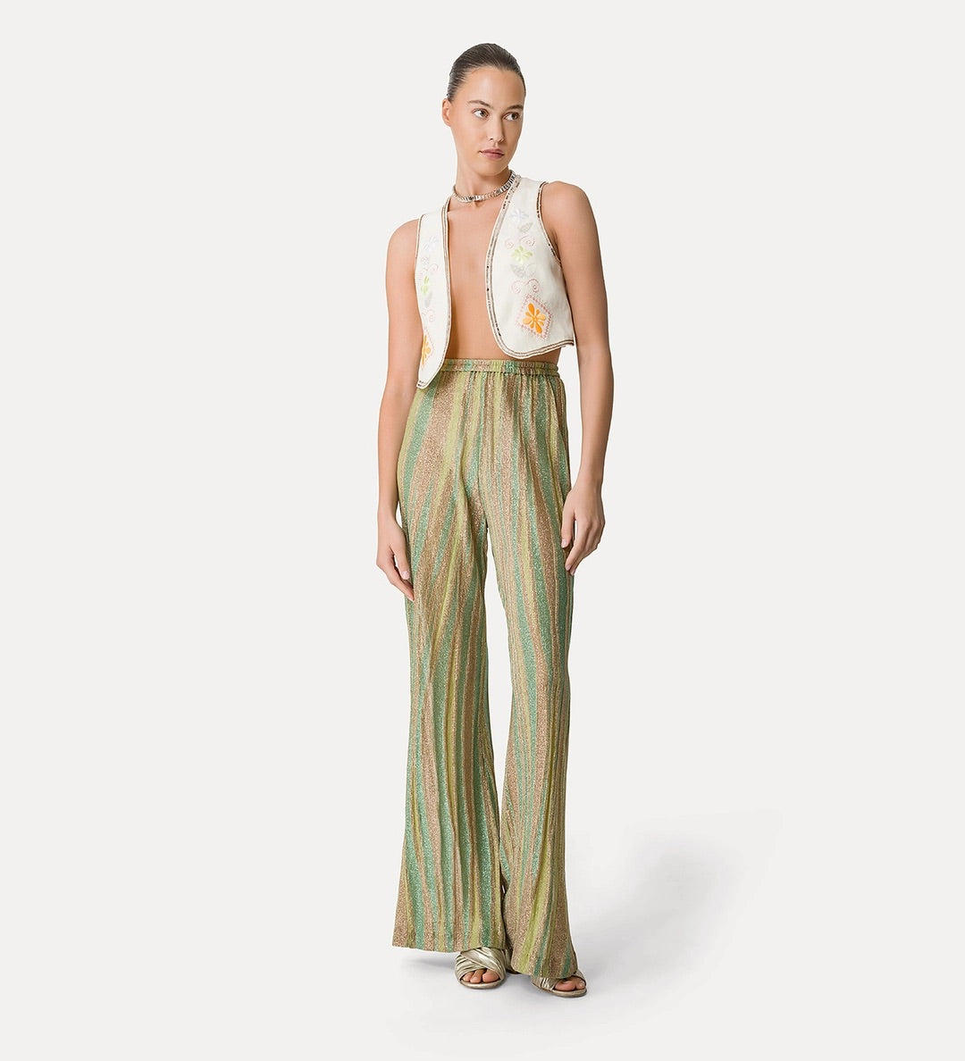flared pants in lurex-shot jacquard