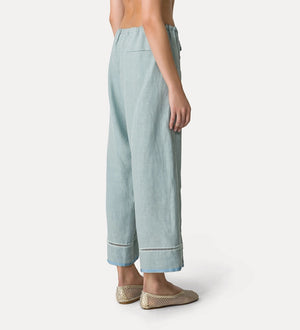 blossom embroidery linen drawstring pants, aqua
