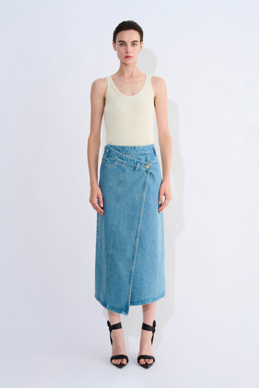 Sadiq asymmetric denim wrap skirt