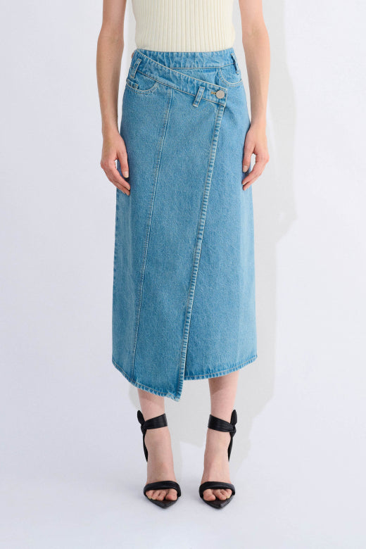 Sadiq asymmetric denim wrap skirt