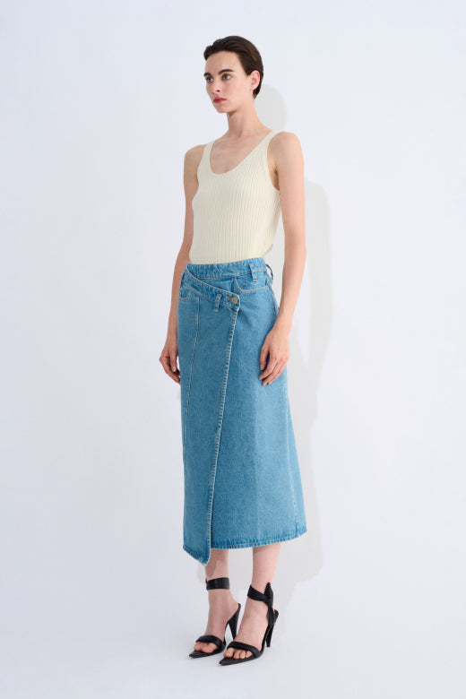 Sadiq asymmetric denim wrap skirt