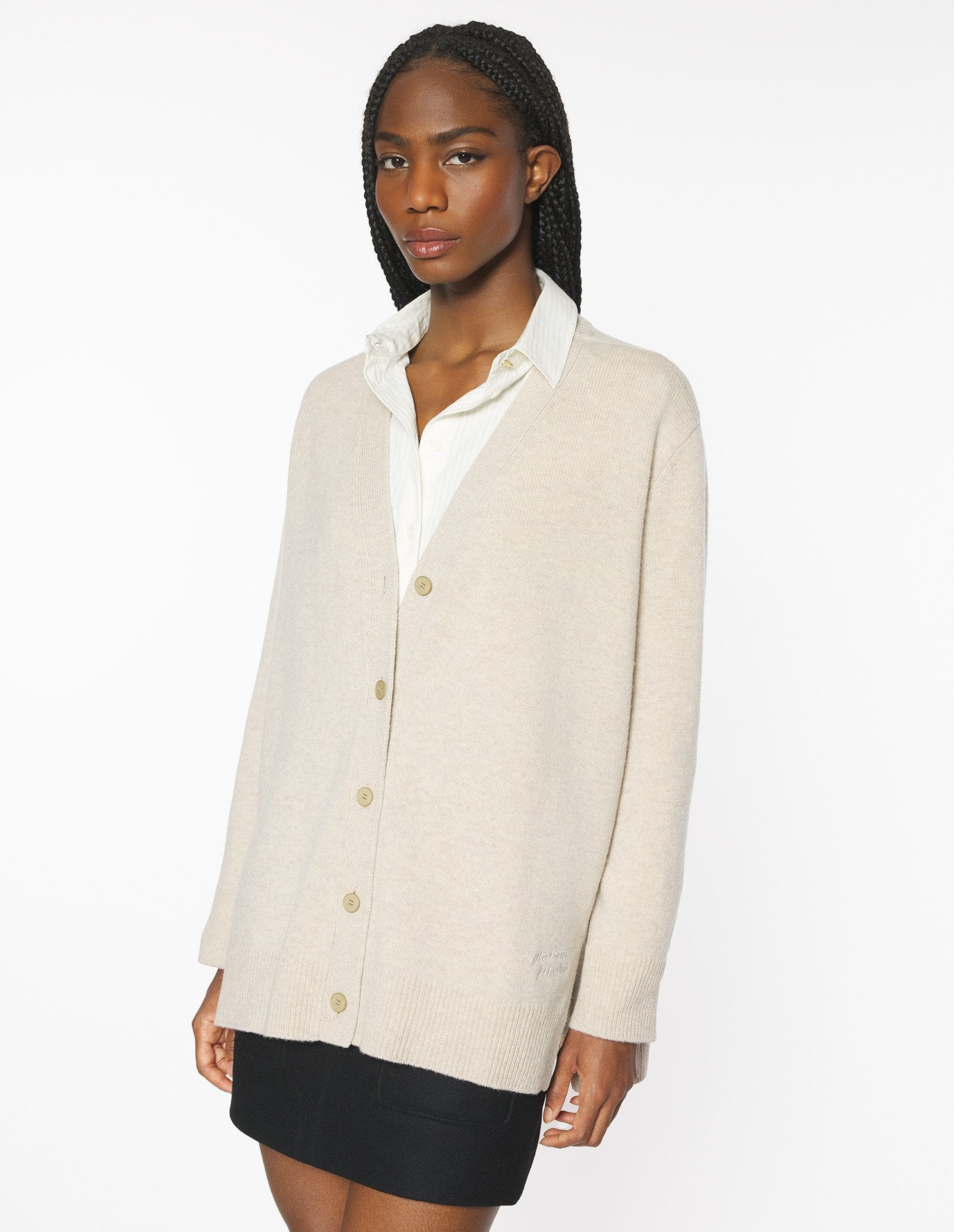 Merino Wool Long Cardigan, Light Beige Mélange