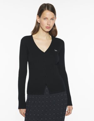 Baby Fox Fine Rib Wool Cardigan, Black