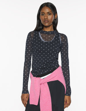 Polka Dot Mesh Top, Black/White