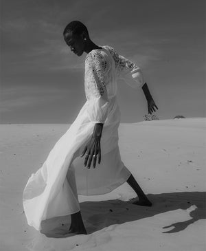voile dress with inlay detail, white